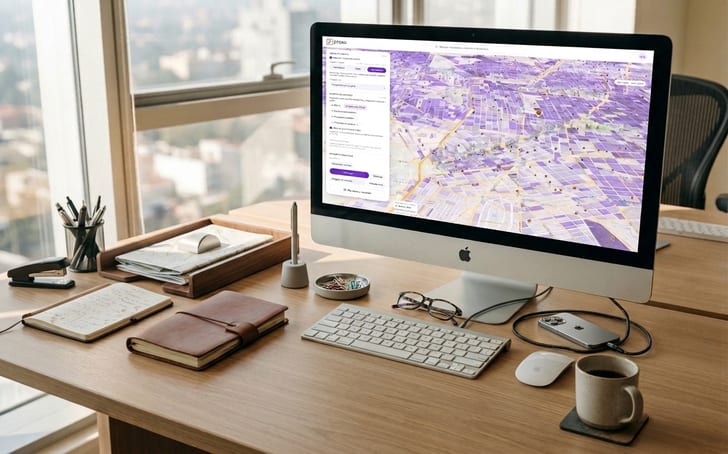 Escritorio de trabajo con una computadora que muestra la aplicación Proxu: un mapa de la Ciudad de México con manzanas coloreadas y el panel de resultados de un área